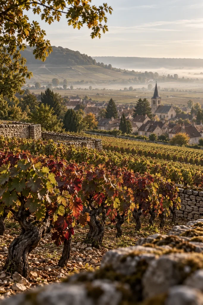 Illustration: Grand Cru slopes and stone walls of Vosne-Romanée in autumn